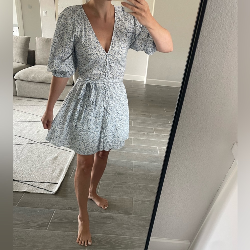 H&M Blue and White Puff Sleeve Wrap Dress